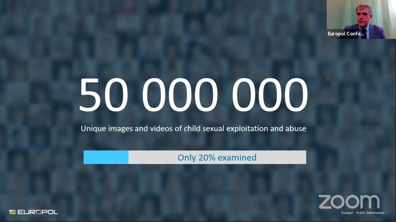 Slide from a europol presentation [T1d]. Text "50 million Unique images and videos of child sexual exploitation and abuse". Below the text, a progress bar stating "Only 20% examined"